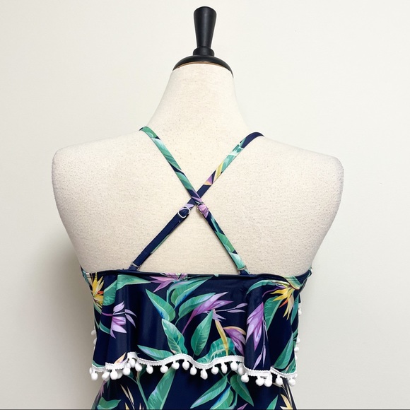Shein Tropical Floral Flounce Navy One Piece Bathing Suit NWOT Medium Pom Poms - Picture 8 of 12